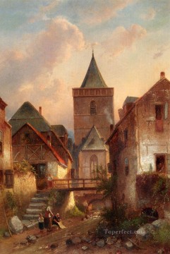 Charles Leickert Painting - View In A German Village With Washerwomen landscape Charles Leickert